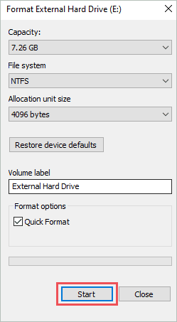 Format the external hard drive to fix the file or directory is corrupted and unreadable