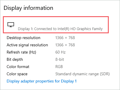 Check Display information to check graphics card windows 10