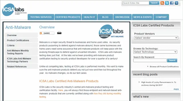 ICSA Labs antivirus testing labs