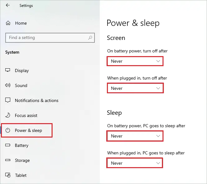 Modify Power & sleep settings