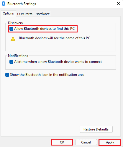 Enable Allow Bluetooth devices to find this PC