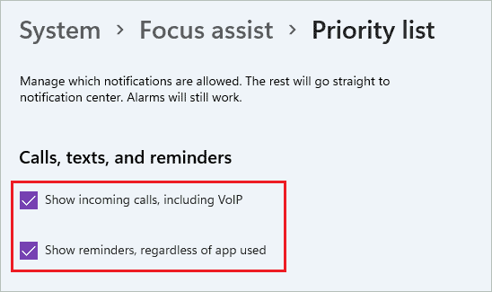 Enable calls and reminders during focus assist in Windows 11