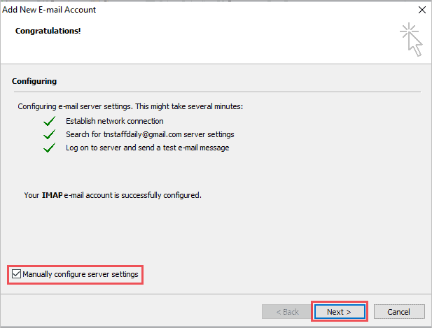 Manually configure server settings on Outlook 2007 to setup Gmail in Outlook