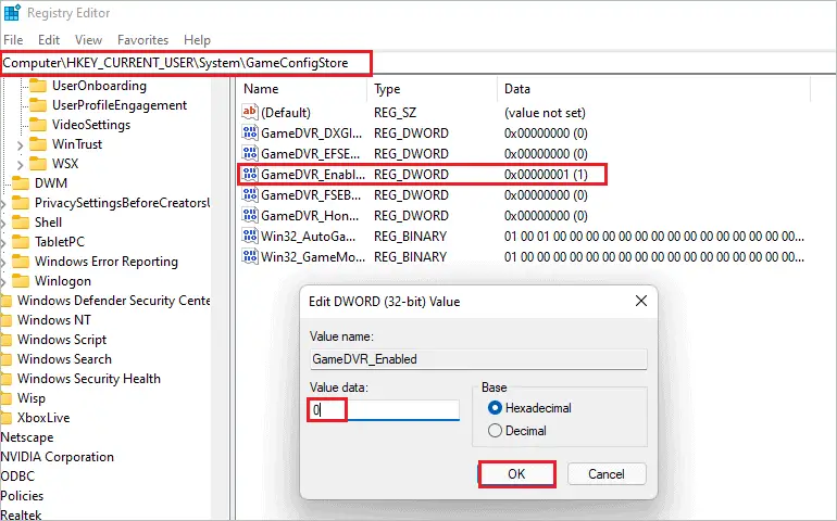 Modify GameDVR_Enabled DWORD Value yo turn off Xbox Game Bar in Windows 11