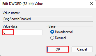 Change Value data of BingSearchEnabled to fix Windows 11 search not working issue