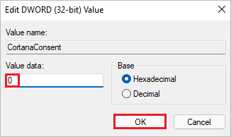 Modify CortanaConsent value to fix Windows 11 search not working issue