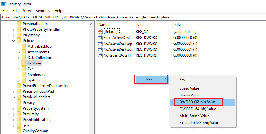 New DWORD in registry editor