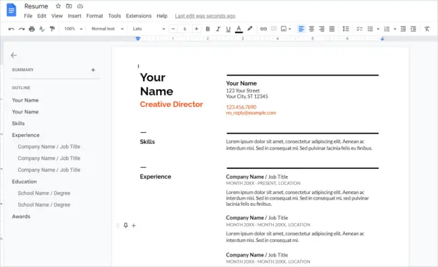 New document with resume template