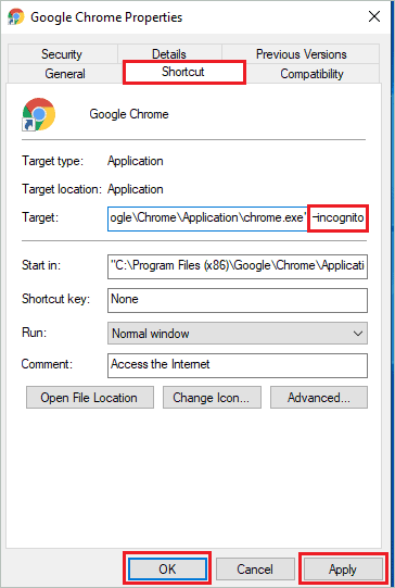 Open Chrome in incognito