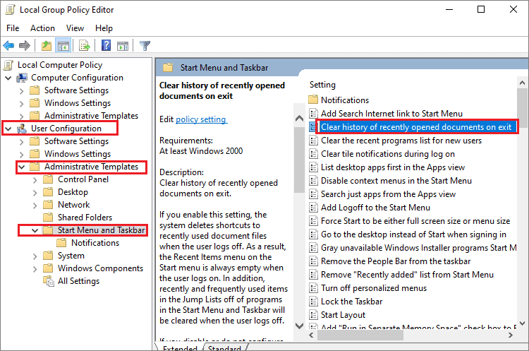 Open Clear history of recently opened documents on exit