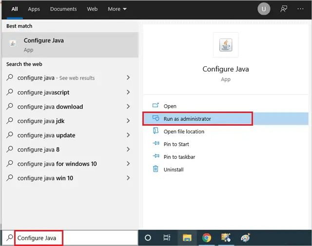 Run Configure Java as administrator to update java on windows 10