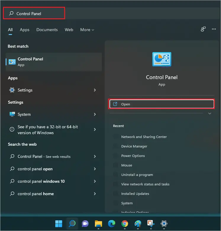 Open Control Panel to know how to change time on Windows 11