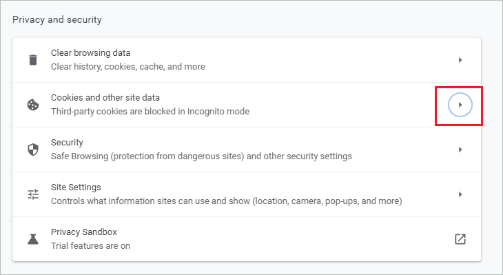 Open Cookies and other site data settings