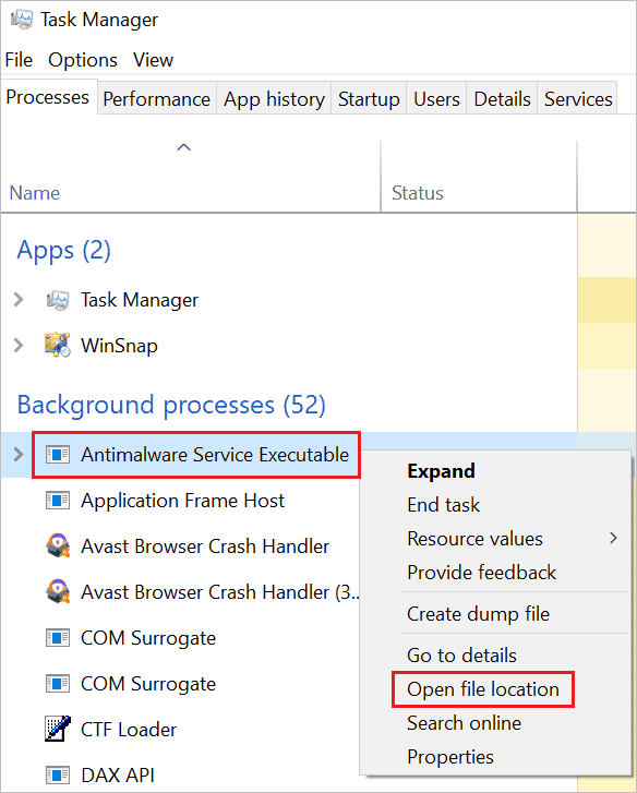 Open File Location to fix antimalware service executable high memory usage