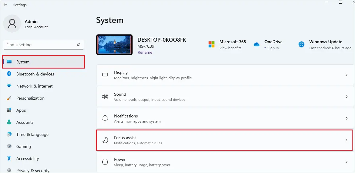 In the admin system, click on focus assist