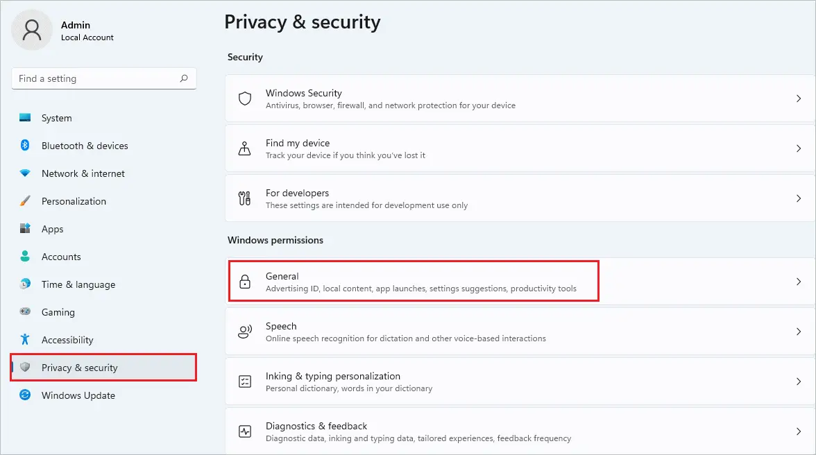 Open General settings in Windows permissions