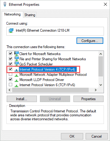 Open IPv4 properties to fix ethernet not working windows 10