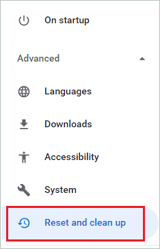 Open Reset and clean up settings