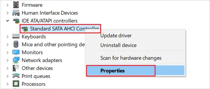 Open SATA AHCI Controller Properties