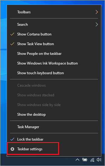 Open Taskbar settings via the quick menu