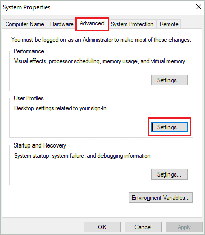 Click on Settings to delete user profile in windows 10