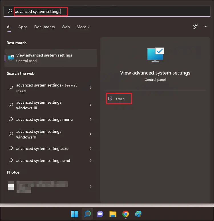 Open view advanced system settings