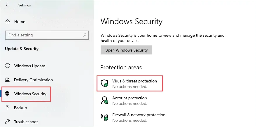 Open Virus & threat protection to fix antimalware service executable high memory usage