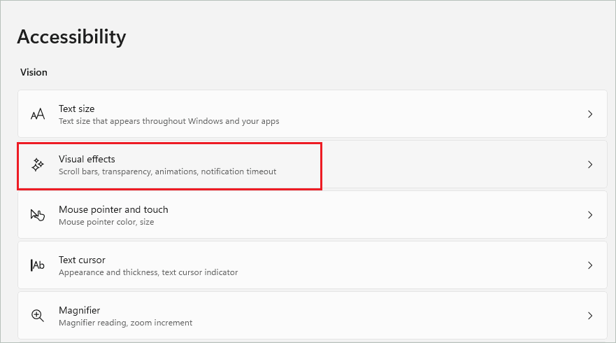 Open Visual effects settings