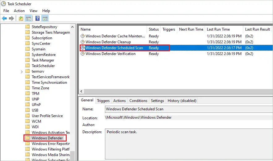 Double-click on Windows Defender Scheduled Scan