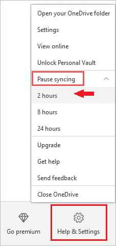 Pause Syncing for 2 hours to fix onedrive not syncing