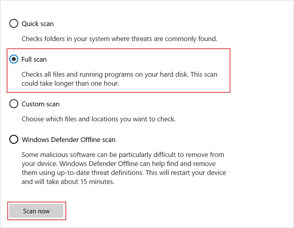  Perform a full scan to fix PFN List Corrupt in Windows 10 