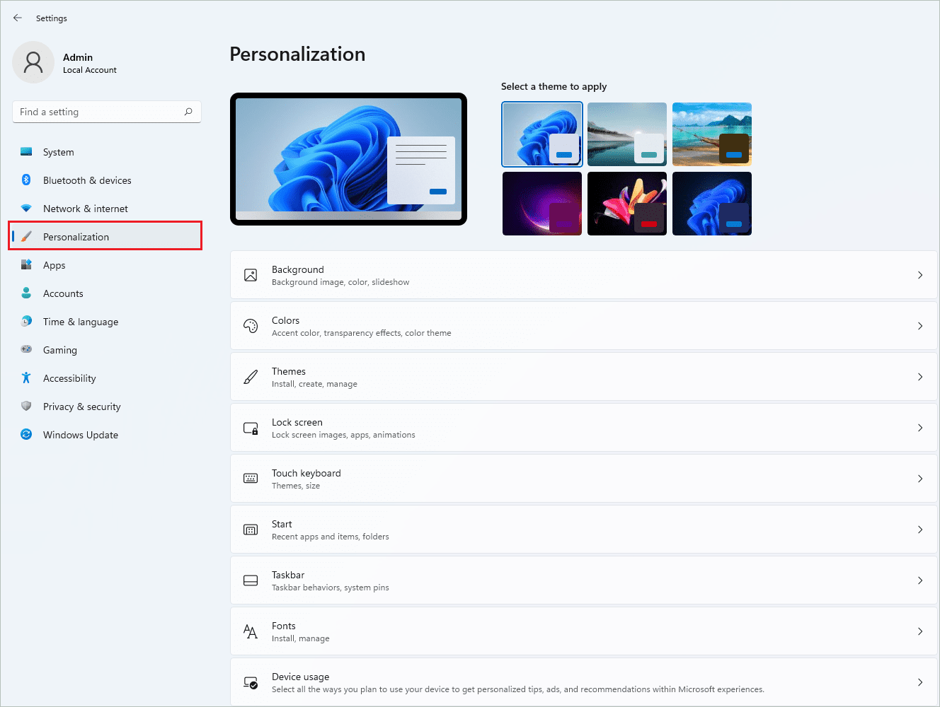 Personalization settings section