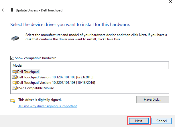 Pick a generic driver for touchpad when laptop touchpad not working