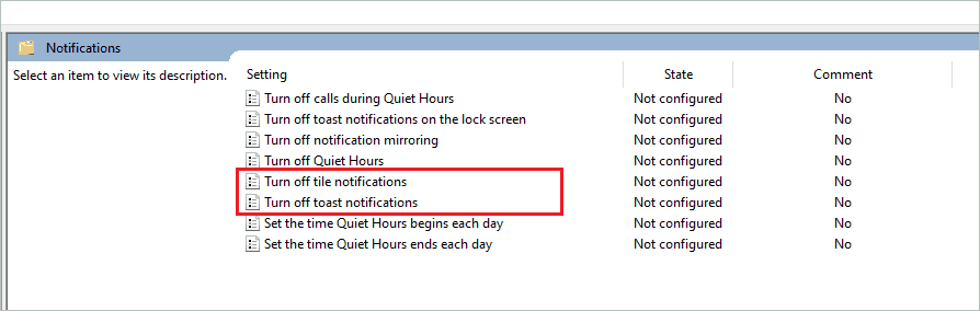 Policies to disable notifications