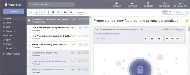 ProtonMail user interface