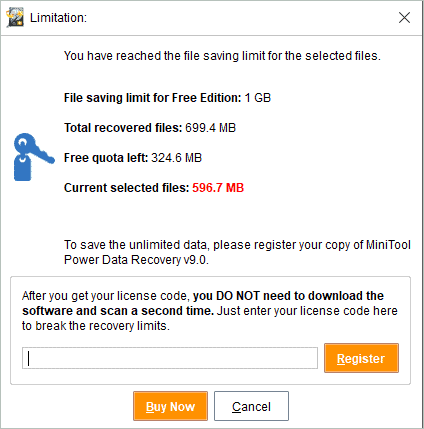 Reached the free limit in power data recovery tool