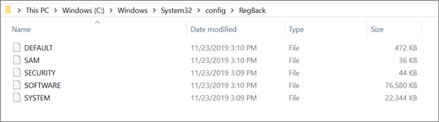 RegBack folder windows 10 registry