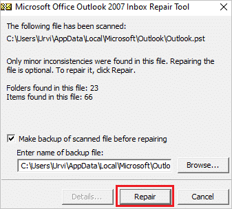 Repair the inconsistent data file when you cannot start microsoft outlook