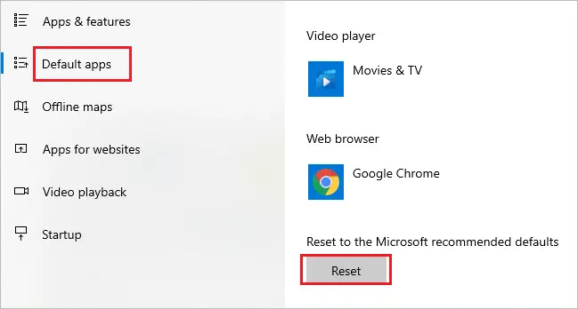 Reset to default apps