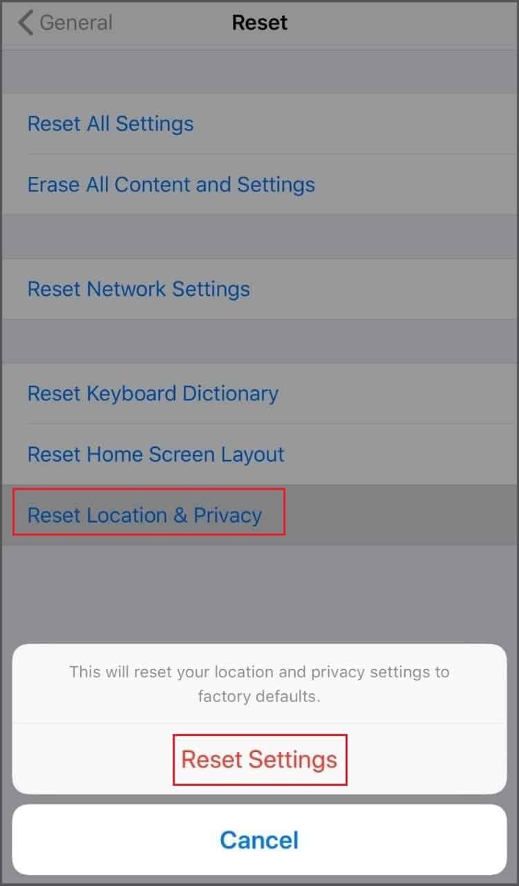 Reset Location & Privacy settings