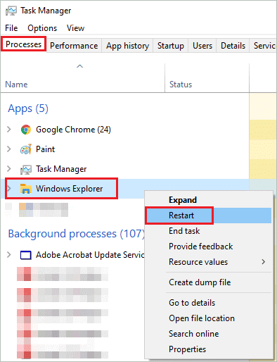 Restart Windows Explorer from Task Manager to fix windows 10 black screen
