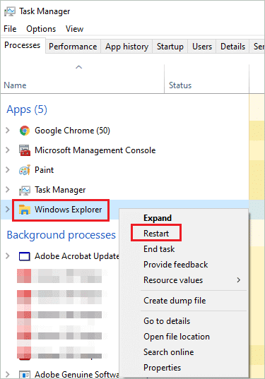 Restart Windows Explorer when windows 10 search not working
