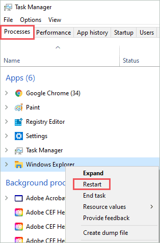 Click on Restart from the context menu to restart Windows Explorer