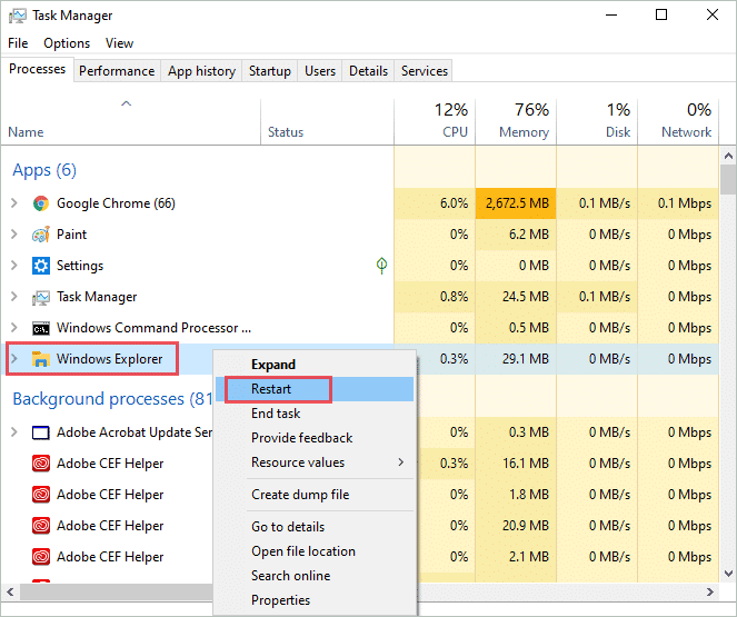 Restart Windows Explorer to fix windows 10 battery icon missing