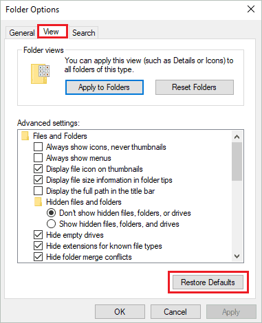 Restore Defaults in View Folder Options