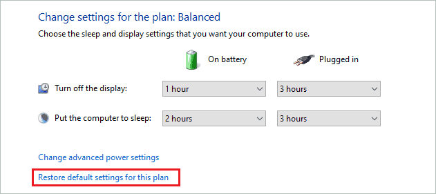 Click on Restore default settings for this plan