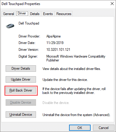 Roll Back Driver when laptop touchpad not working