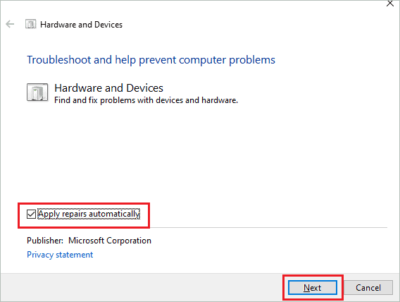Hardware and Devices troubleshooter when cursor disappears in Windows 10 
