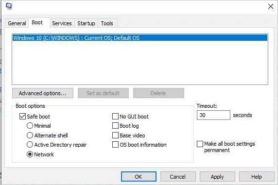 Safe boot settings in Windows 10