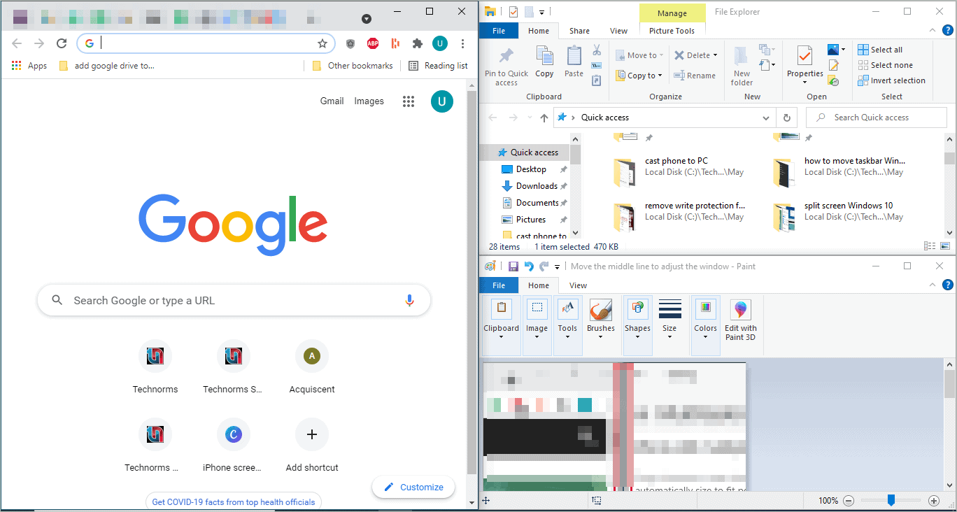 Screen divided into three parts using shortcuts keys for split screen windows 10
